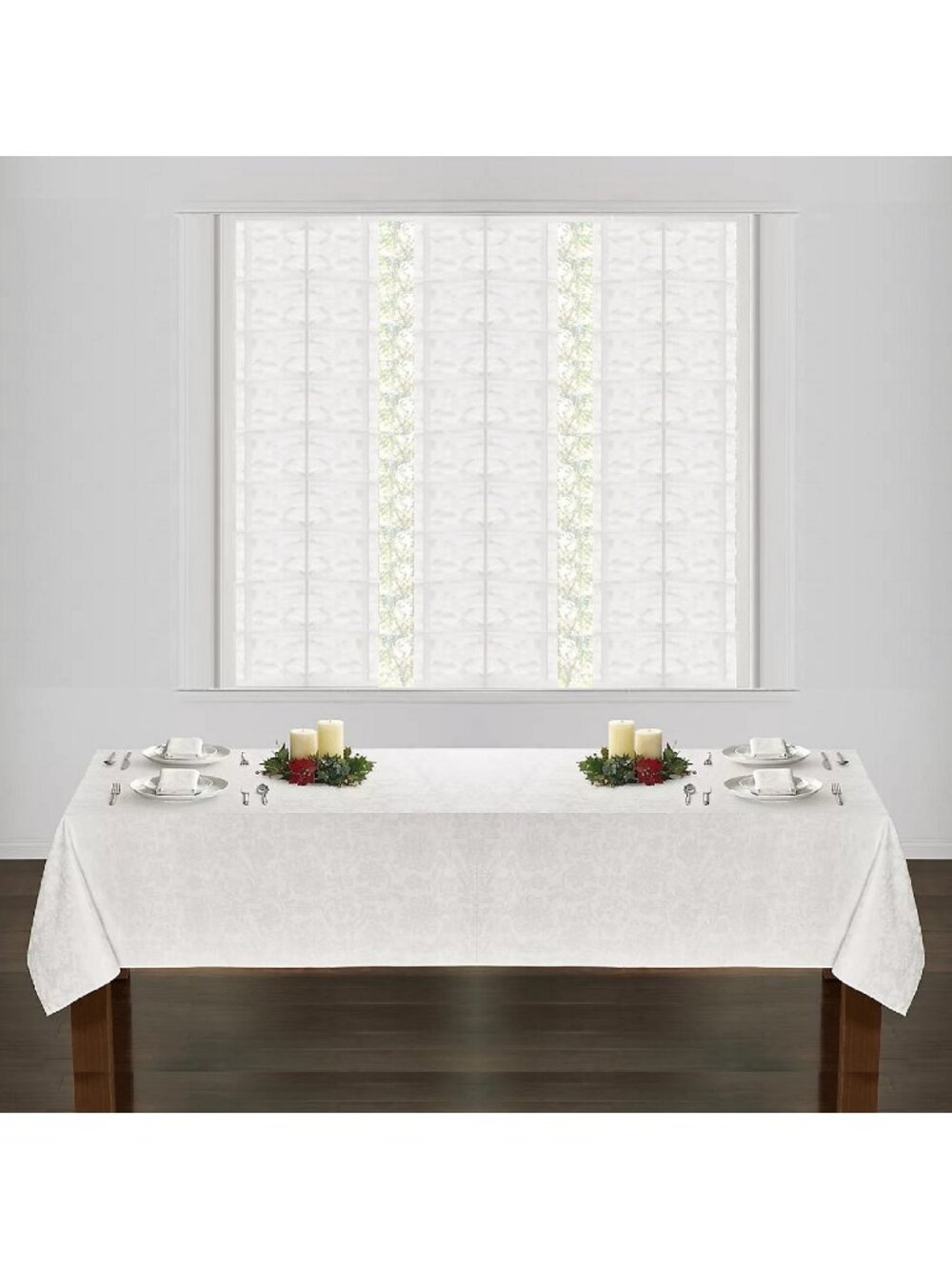 brand new WHITE Holiday Medley Damask 60x120 inch Tablecloth (Seats 10 to 12)